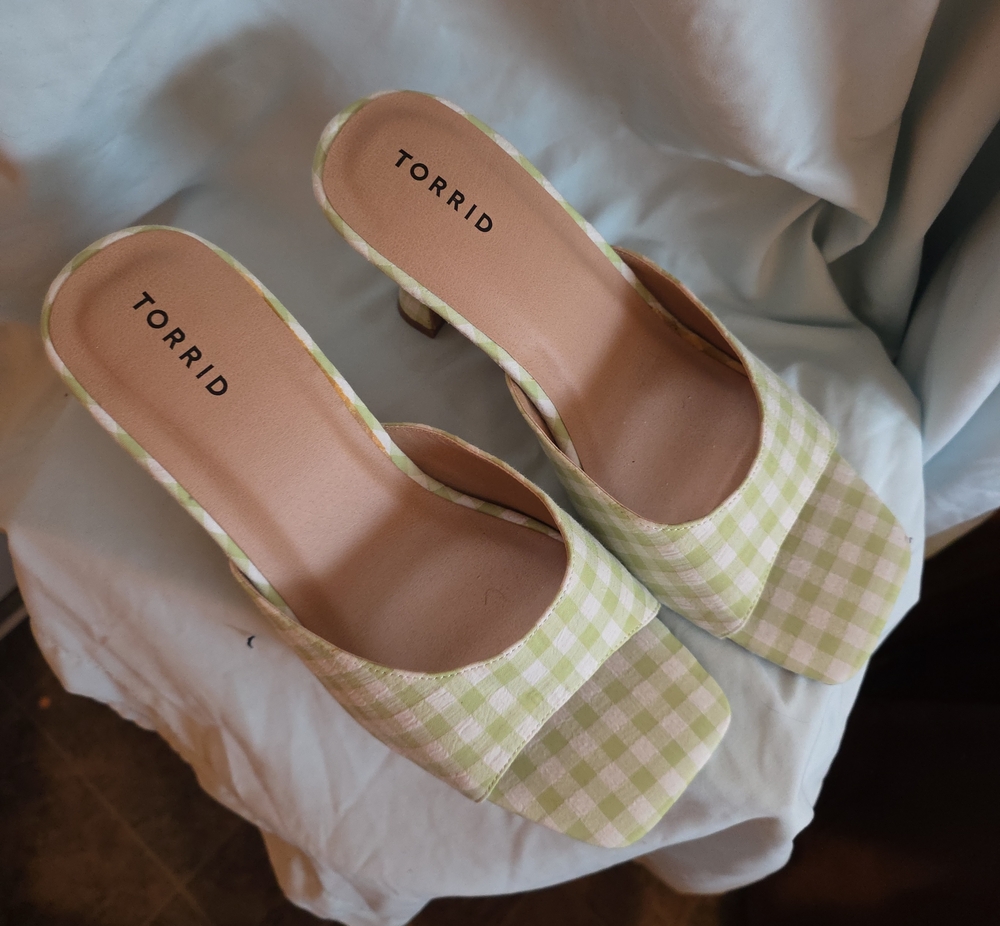 torrid Light Green Gingham Square-Toe Slide Heels